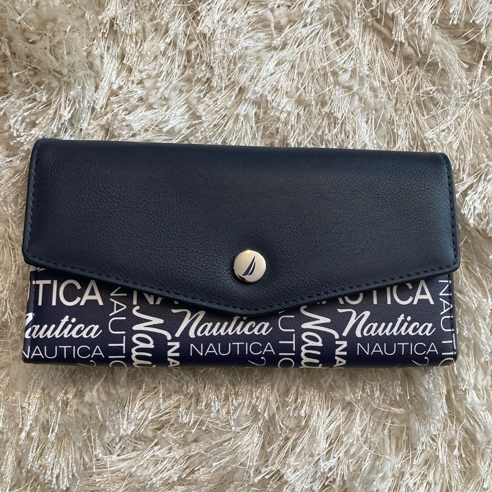 Nautica Money Manager Navy and White Clutch Wallet Monogram Logo RFID